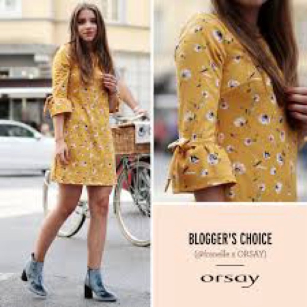 2 FOR $25 Orsay Mustard Yellow Sheath Shift Floral Dress Bell Sleeve 38 6 8 M